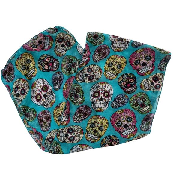 Colorful Sugar Skull Scarf 56"x10" Lightweight Day of the Dead Print - Picture 1 of 4